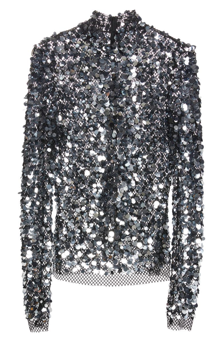 TOM FORD Sequin Embellished Mesh Mock Neck Top, Alternate, color, Silver/ Gun Metal