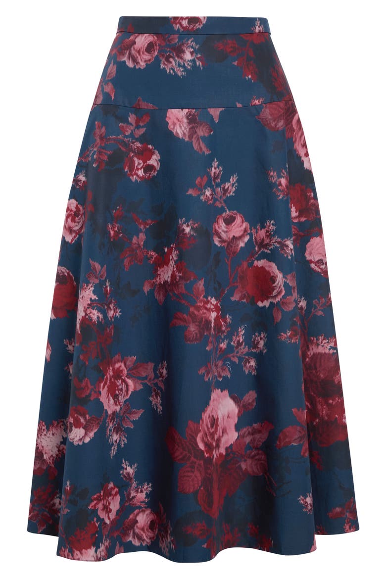 Floral Organic Cotton Poplin Midi Skirt, Main, color, FONTEYN ROSE NAVY
