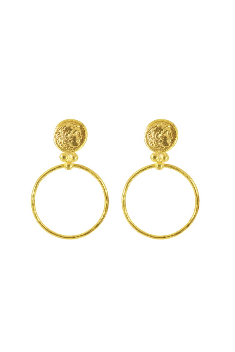 Myia Coin Front Hoop Earrings, Main, color, Brass