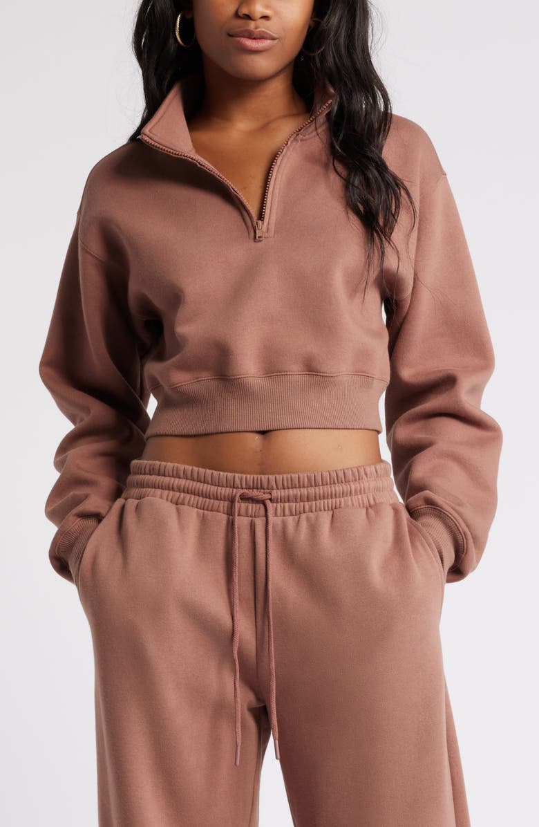 BP. Quarter Zip Fleece Detail Sweatshirt, Main, color, Brown Topaz