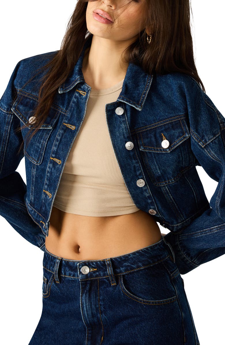 Steve Madden Brixton Crop Denim Jacket, Alternate, color, Dark Blue
