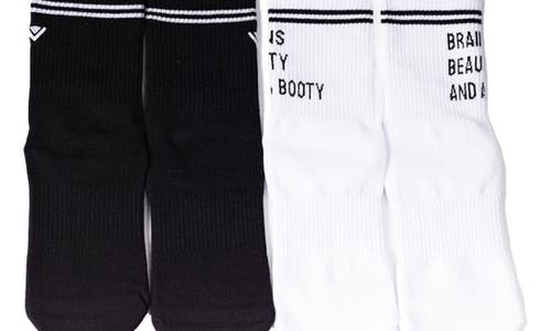 Arebesk Brains Beauty And A Booty Assorted 2-pack Grip Crew Socks In White - Black