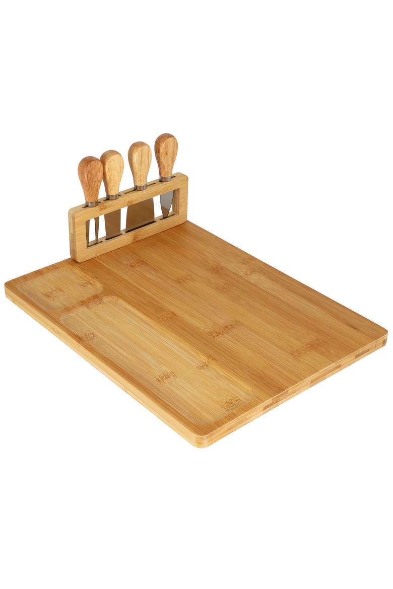 Wood Charcuterie and Cheese Board with Knife Stand Attachment and 4 Piece Knife Set, Alternate, color, Bamboo