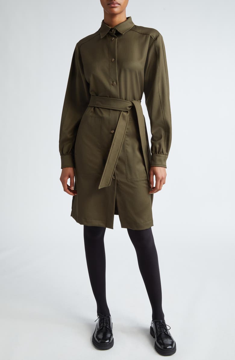 Max Mara Kim Long Sleeve Silk Belted Shirtdress, Main, color, Kaki