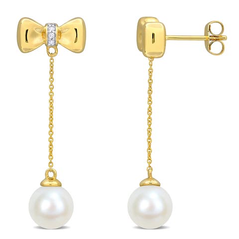 Cultured Pearl & Diamond Dangle Earrings 10k