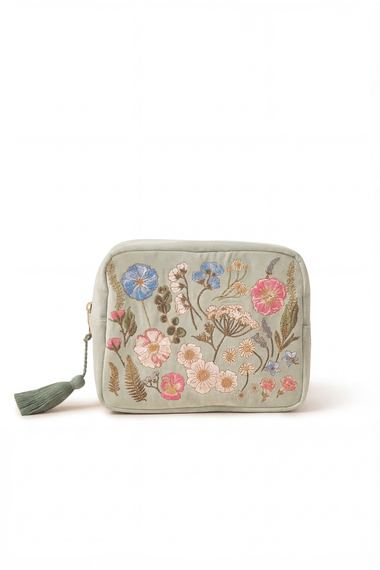 Pressed Flowers Velvet Wash Bag, Main, color, Sage