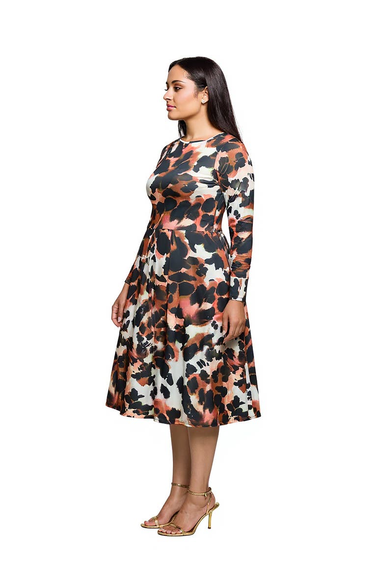 24seven Comfort Apparel Long Sleeve Midi Dress in Animal Print, Alternate, color, Brown Multi