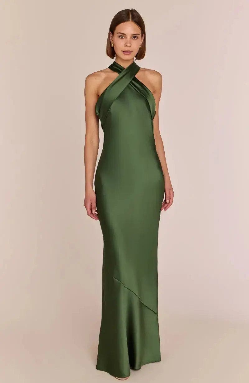 Rewritten Roma Halterneck Dress in Olive Green 