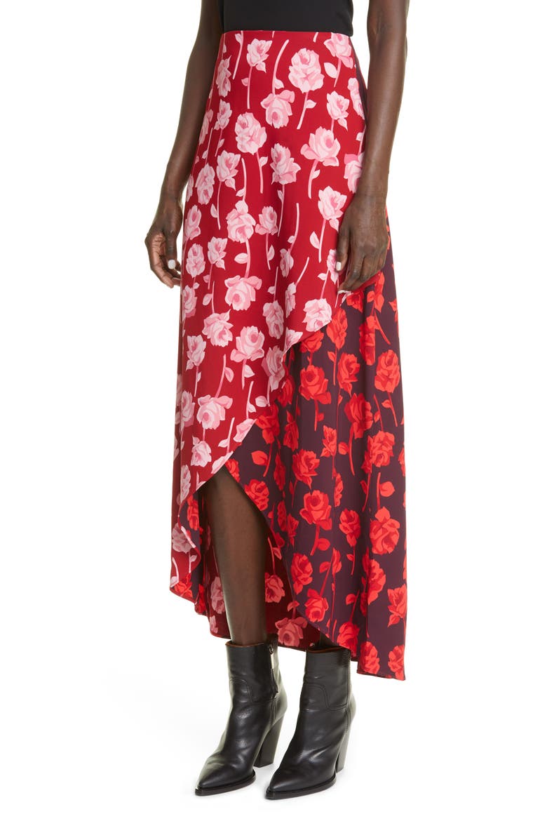 Floral Print High Low Tulip Skirt, Alternate, color, CARDINAL/ AUBERGINE