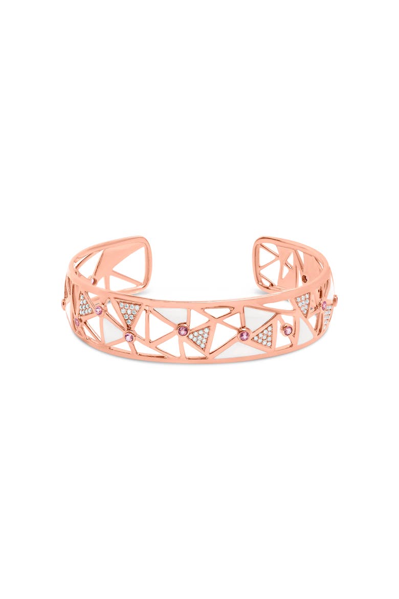 14K Rose Gold 5/8 Ctw Diamond Pink Tourmaline Open Cuff Bangle with White Enamel, Main, color, Pink