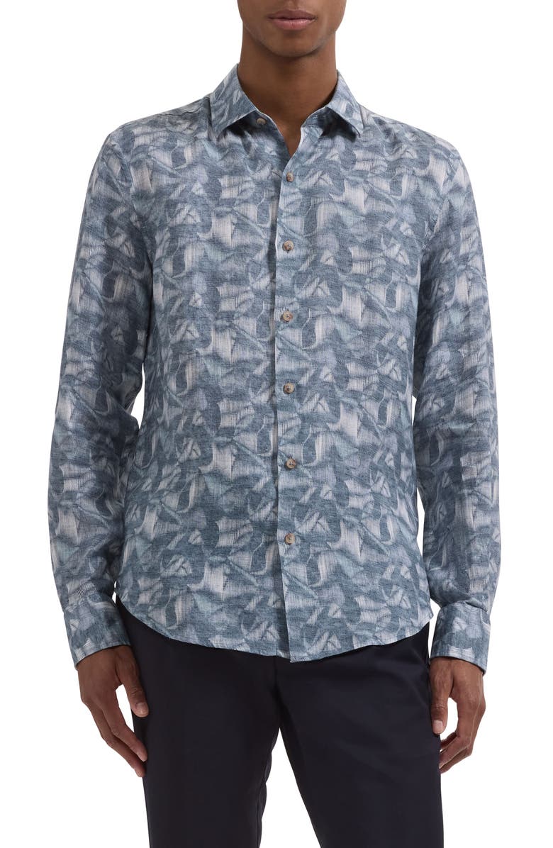 Bugatchi Julian Shaped Fit Abstract Leaf Print Linen Button-Up Shirt, Main, color, Ether