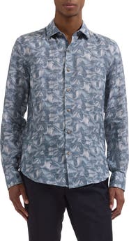 Bugatchi Julian Shaped Fit Abstract Leaf Print Linen Button-Up Shirt