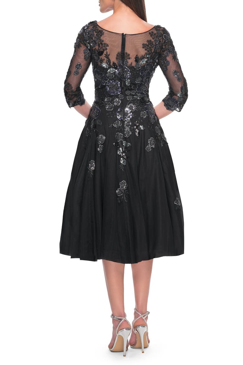 Unique Lace and Tulle Knee Length Dress with Sleeves, Alternate, color, Black