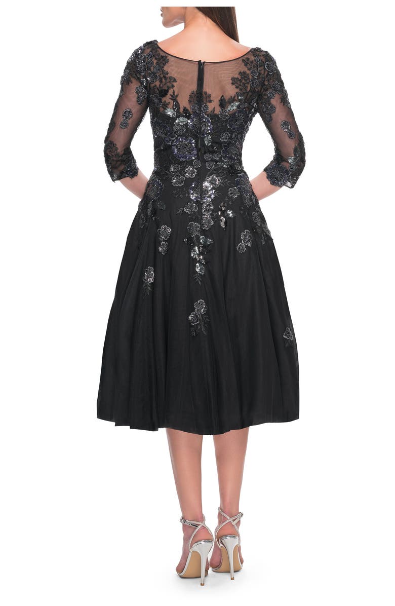 La Femme Unique Lace and Tulle Knee Length Dress with Sleeves, Alternate, color, Black