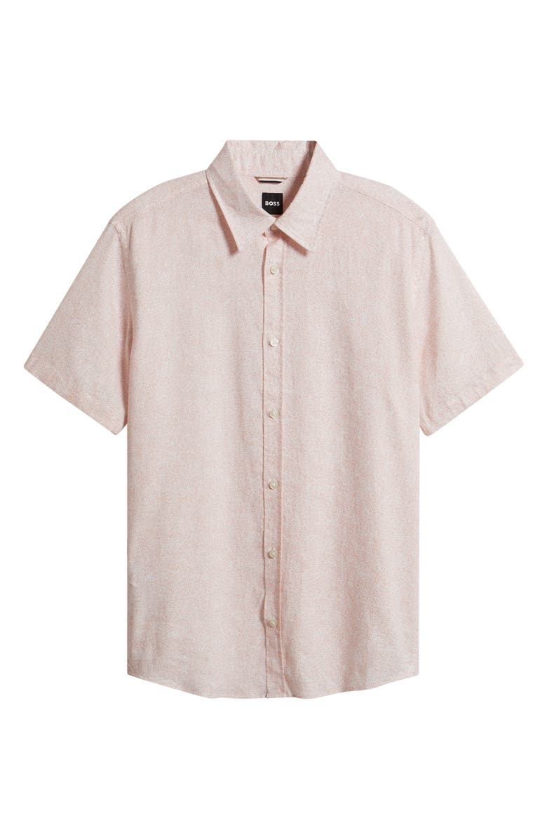 BOSS Roan Short Sleeve Stretch Linen Button-Up Shirt, Main, color, Light/ Pastel Pink