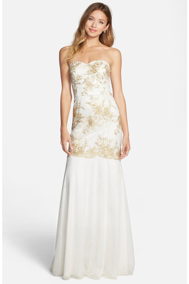 Embroidered Mermaid Gown, Main, color, IVORY /GOLD