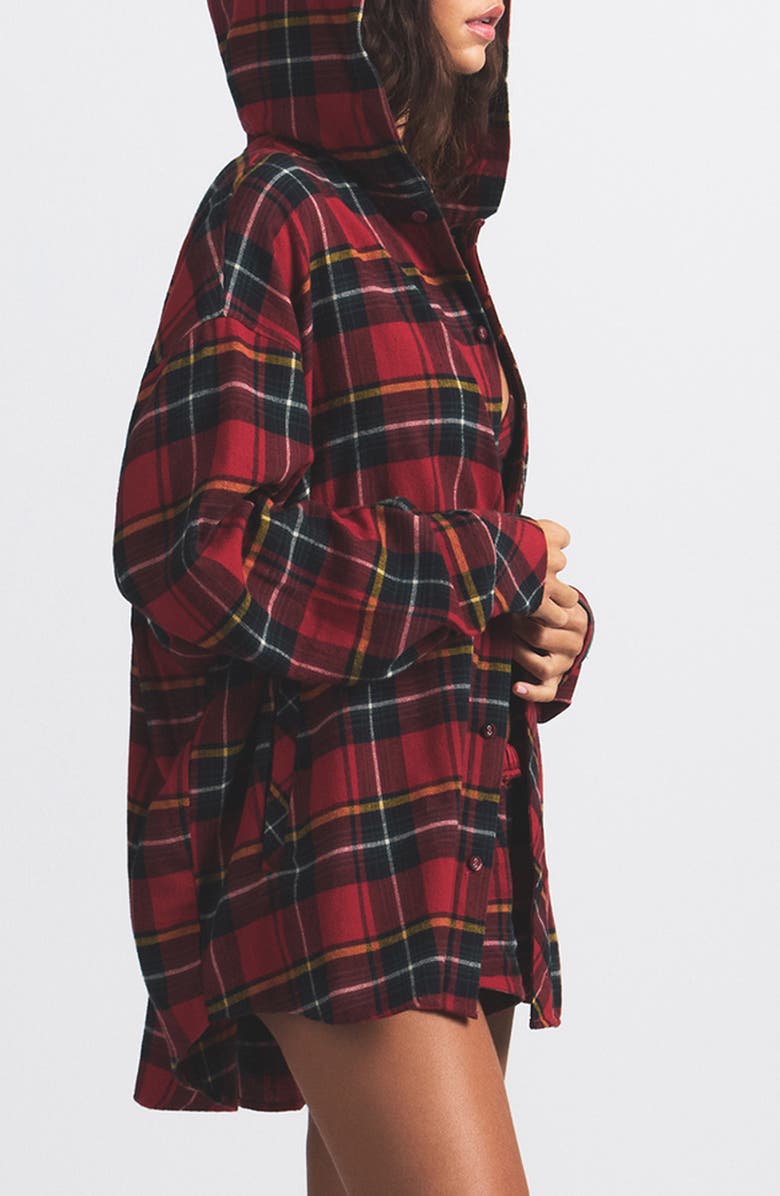 SKIMS Plaid Flannel Hooded Pajama Top, Alternate, color, Brick Holiday Plaid