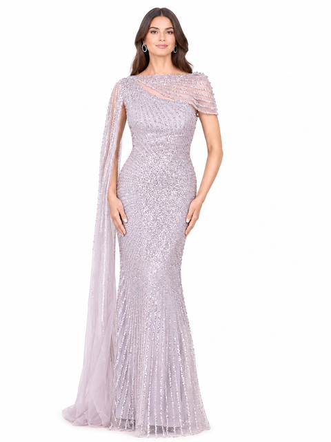 One Shoulder Fitted Gown with Cape Sleeve