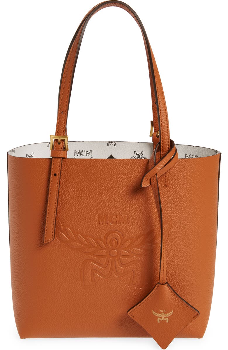 MCM Mini Lauretos Reversible Leather Shopper Bag, Main, color, Cognac
