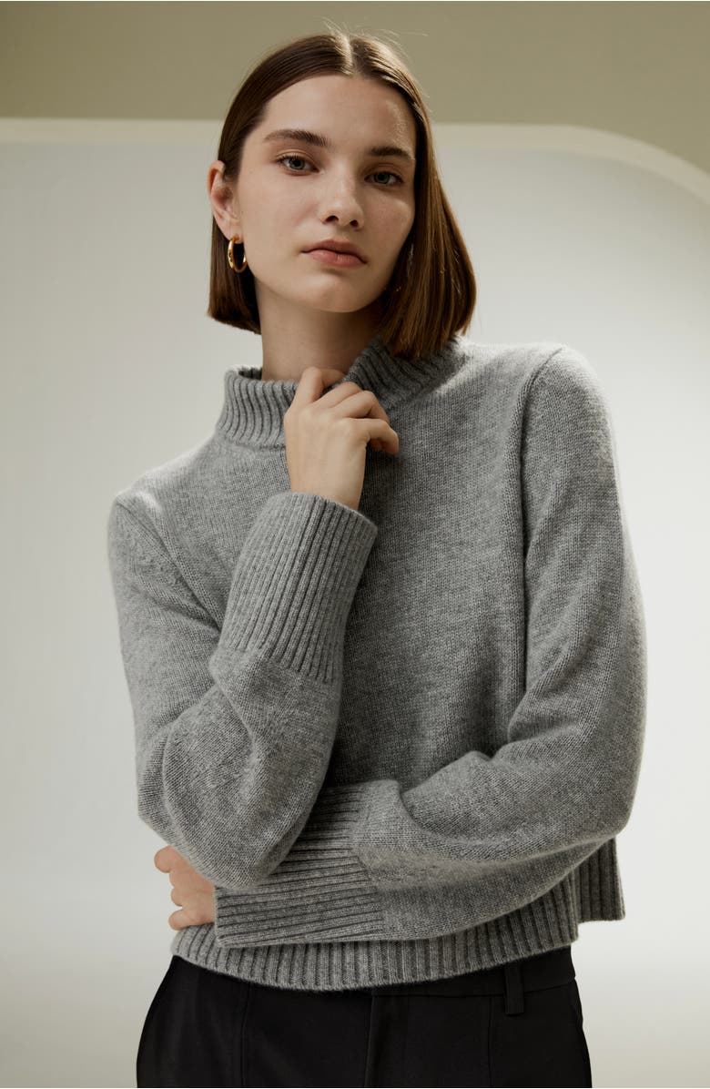 Lilysilk Ribbed Collar and Hemline Wool Cashmere Sweater, Alternate, color, Grey
