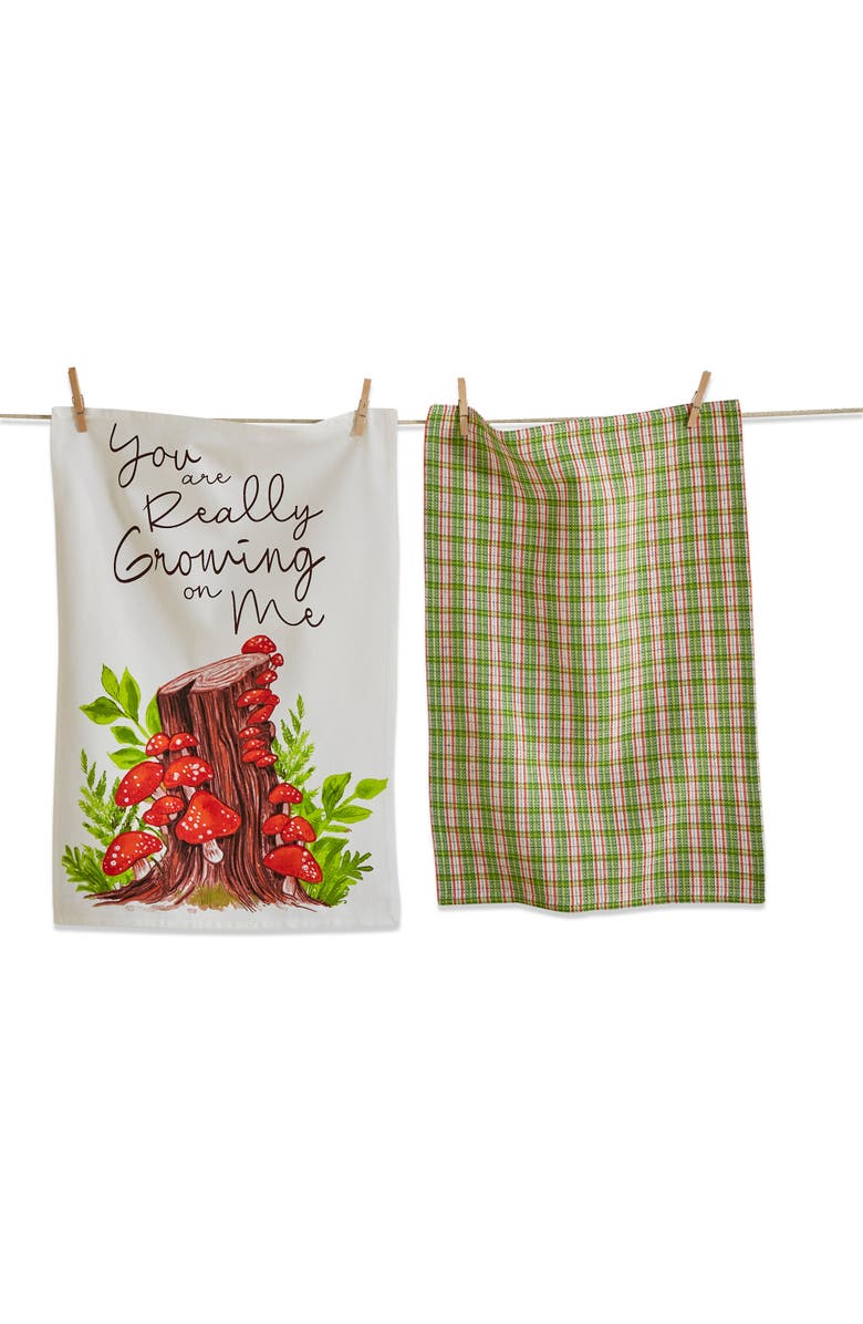 tag Set of 2 Growing On Me Mushroom Print Green Plaid Dishtowels, Main, color, Multicolored