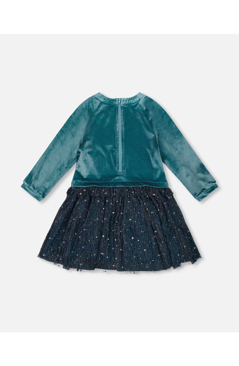 Deux par Deux Long Sleeve Bi-Material Velvet and Pleated Mesh Dress, Alternate, color, Teal Blue