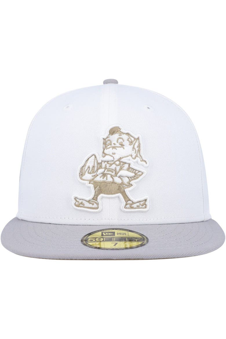 Men's New Era White/Gray Cleveland Browns 75th Anniversary Gold Undervisor 59FIFTY Fitted Hat, Alternate, color, White