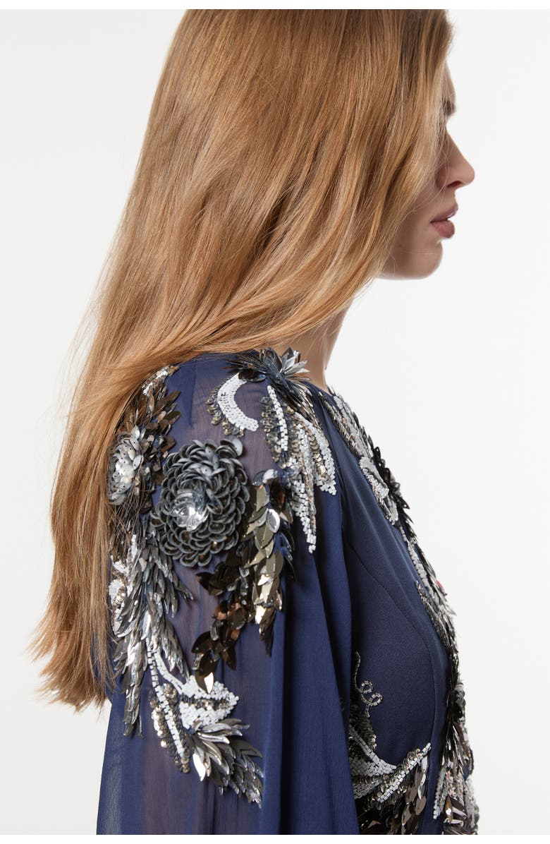 Karen Millen Floral 3D Cape Sleeve Maxi Dress, Alternate, color, Navy