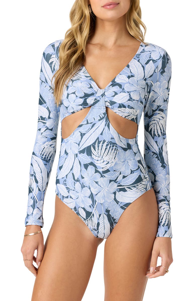 O'Neill Palmetto Tropical Key West Cutout Long Sleeve One-Piece Swimsuit, Main, color, 