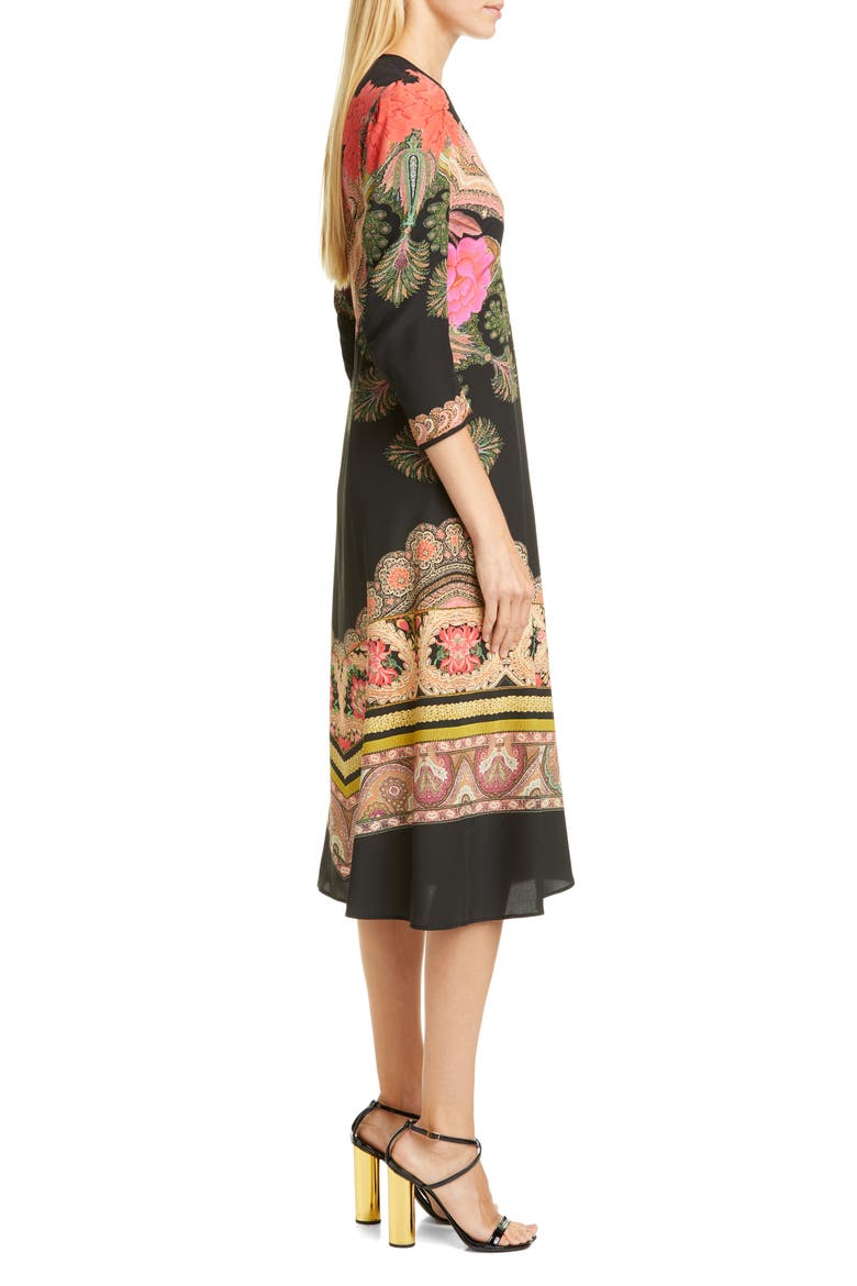 Print Silk Fit & Flare Midi Dress, Alternate, color, BLACK