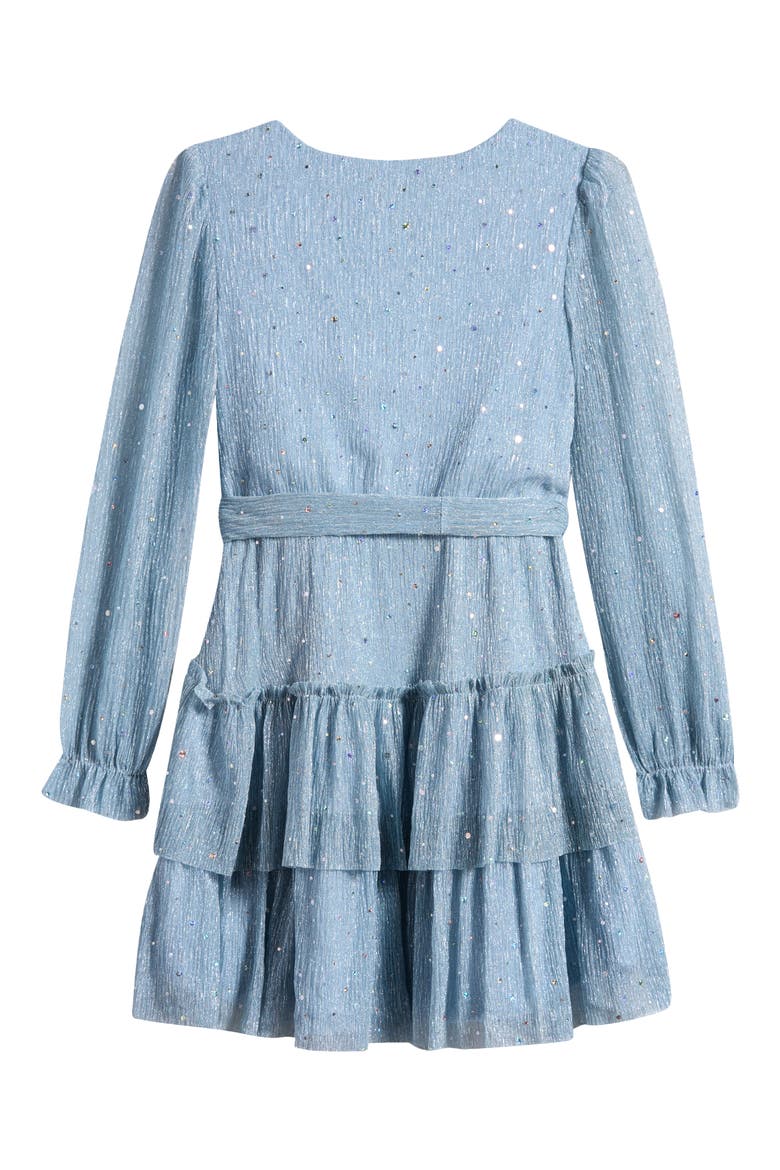Kids' Metallic Long Sleeve Plissé Dress, Alternate, color, ICY BLUE