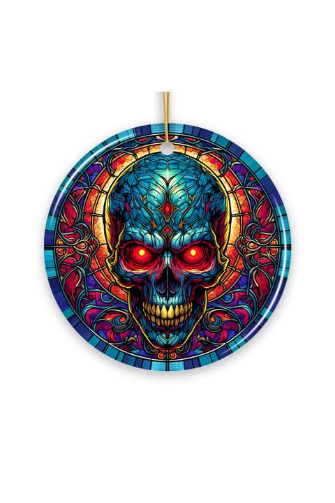Glowing Eyed Skull Stained Glass Style Ceramic Ornament