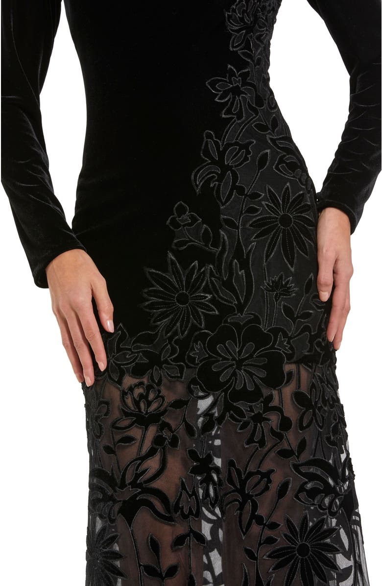 Mac Duggal Long Sleeve Sheer Floral Embroidered Velvet Gown, Alternate, color, Black