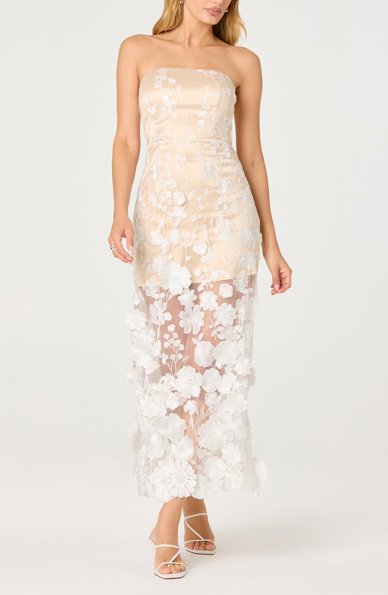 ASTR the Label Tanisha 3D Floral Appliqué Semi Sheer Midi Dress, Alternate, color, White