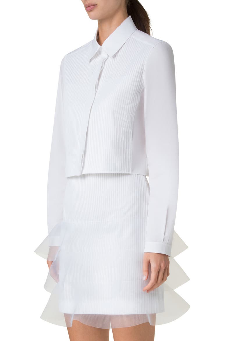 Pleat Front Cotton Voile Crop Button-Up Shirt, Alternate, color, PURE WHITE