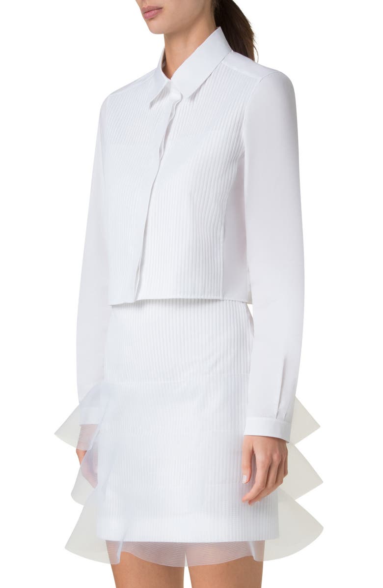 Akris Pleat Front Cotton Voile Crop Button-Up Shirt, Alternate, color, Pure White