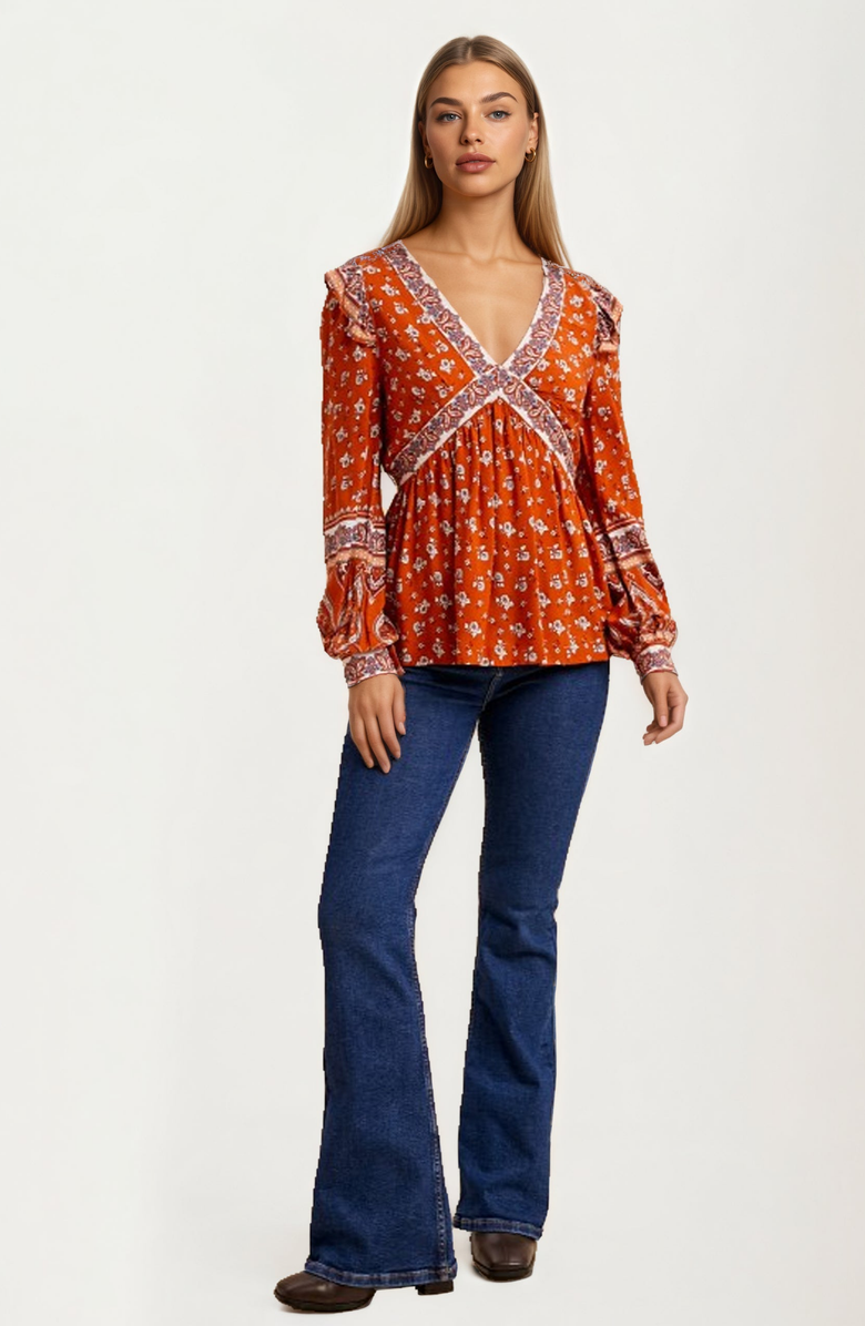 Knit and Lounge Floral Print Contrast Trim V-Neck Boho Blouse, Alternate, color, Orange Floral