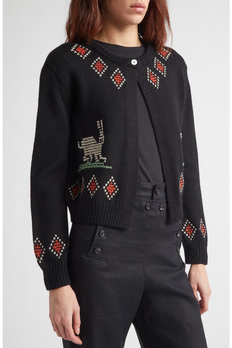 Bunny Cross Stitch Wool Cardigan, Alternate, color, BLACK
