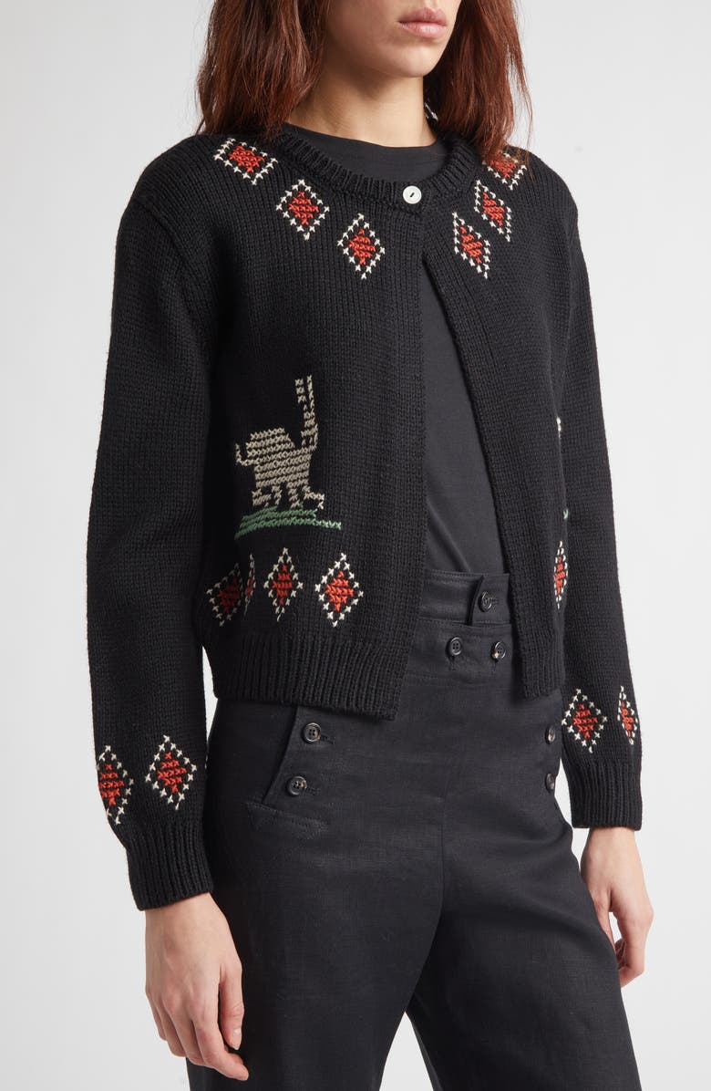 Bode Bunny Cross Stitch Wool Cardigan, Alternate, color, Black