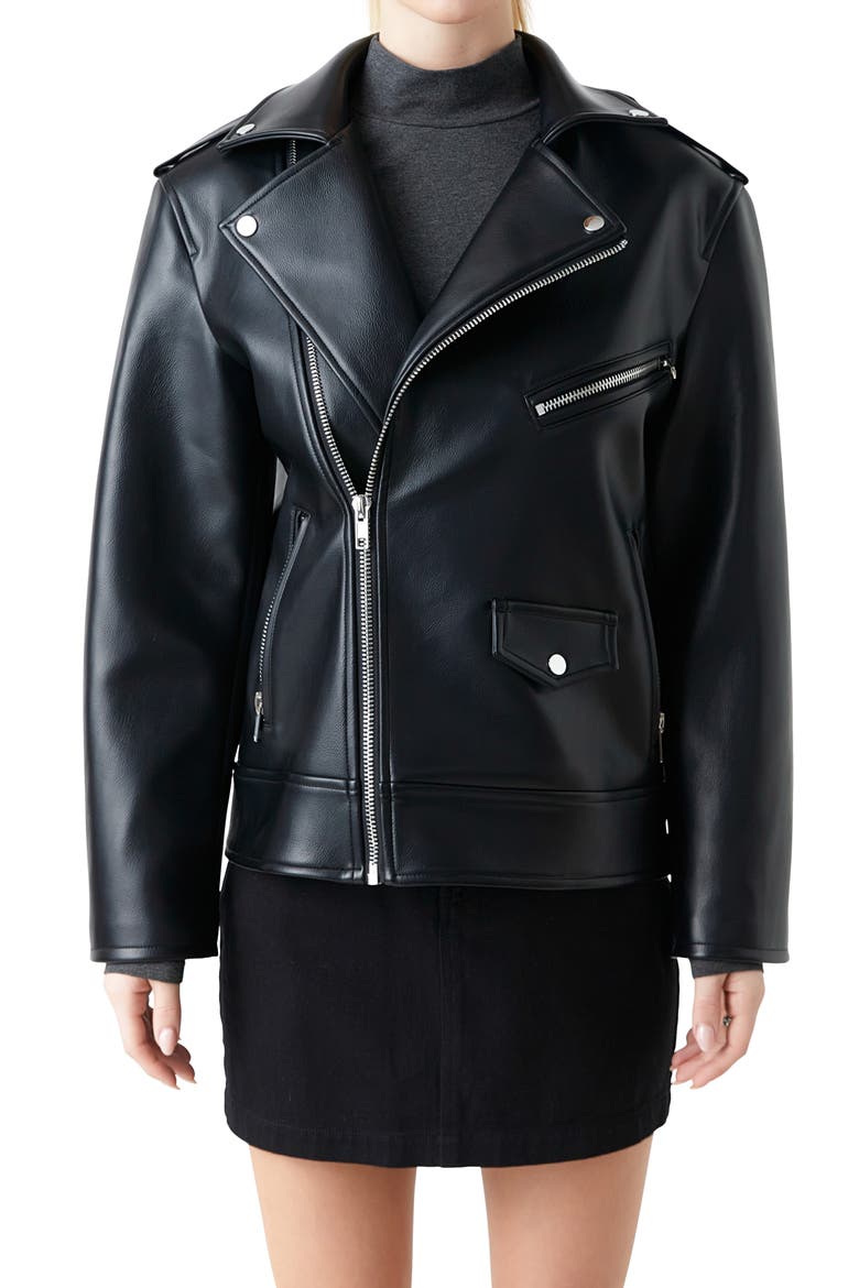 Padded Shoulder Faux Leather Biker Jacket, Alternate, color, BLACK