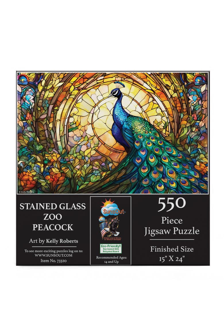 Stained Glass Zoo Peacock 550 piece Jigsaw Puzzle for Adults, Alternate, color, Multicolor