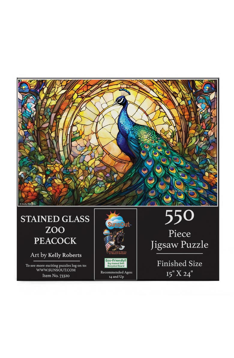 Sunsout Stained Glass Zoo Peacock 550 piece Jigsaw Puzzle for Adults, Alternate, color, Multicolor