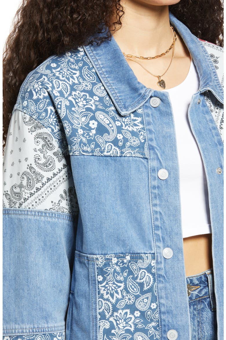 Bandana Patchwork Denim Jacket, Alternate, color, MEDIUM WASH