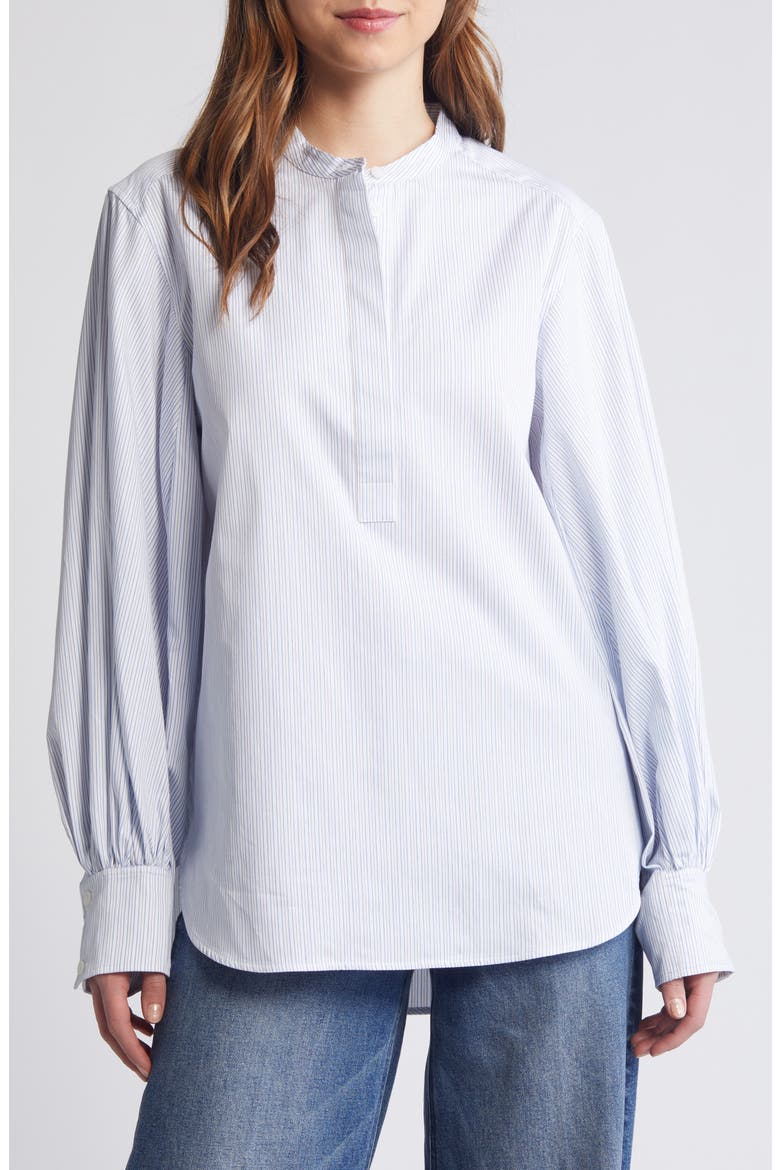 Gathered Grandad Collar Button Front Top, Main, color, BLUE MEDIUM SPLIT