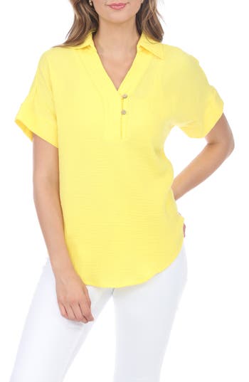 Rain And Rose Cotton Gauze Camp Shirt In Yellow