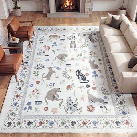 Catmosphere Festive Feline Floral Border Non-Slip Machine-Washable Rug
