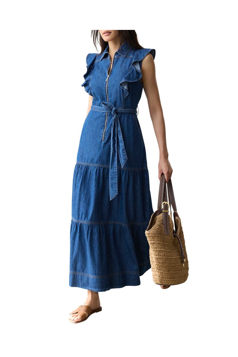 Denim Ruffle Maxi Shirt Dress, Alternate, color, Blue