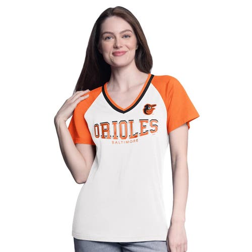 G-iii 4her By Carl Banks White/orange Baltimore Orioles Ball Park Raglan V-neck T-shirt