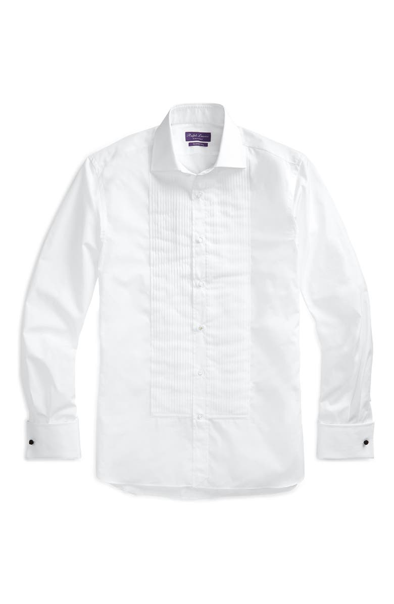 Ralph Lauren Purple Label Aston Pleated Cotton Poplin Tuxedo Shirt, Alternate, color, White