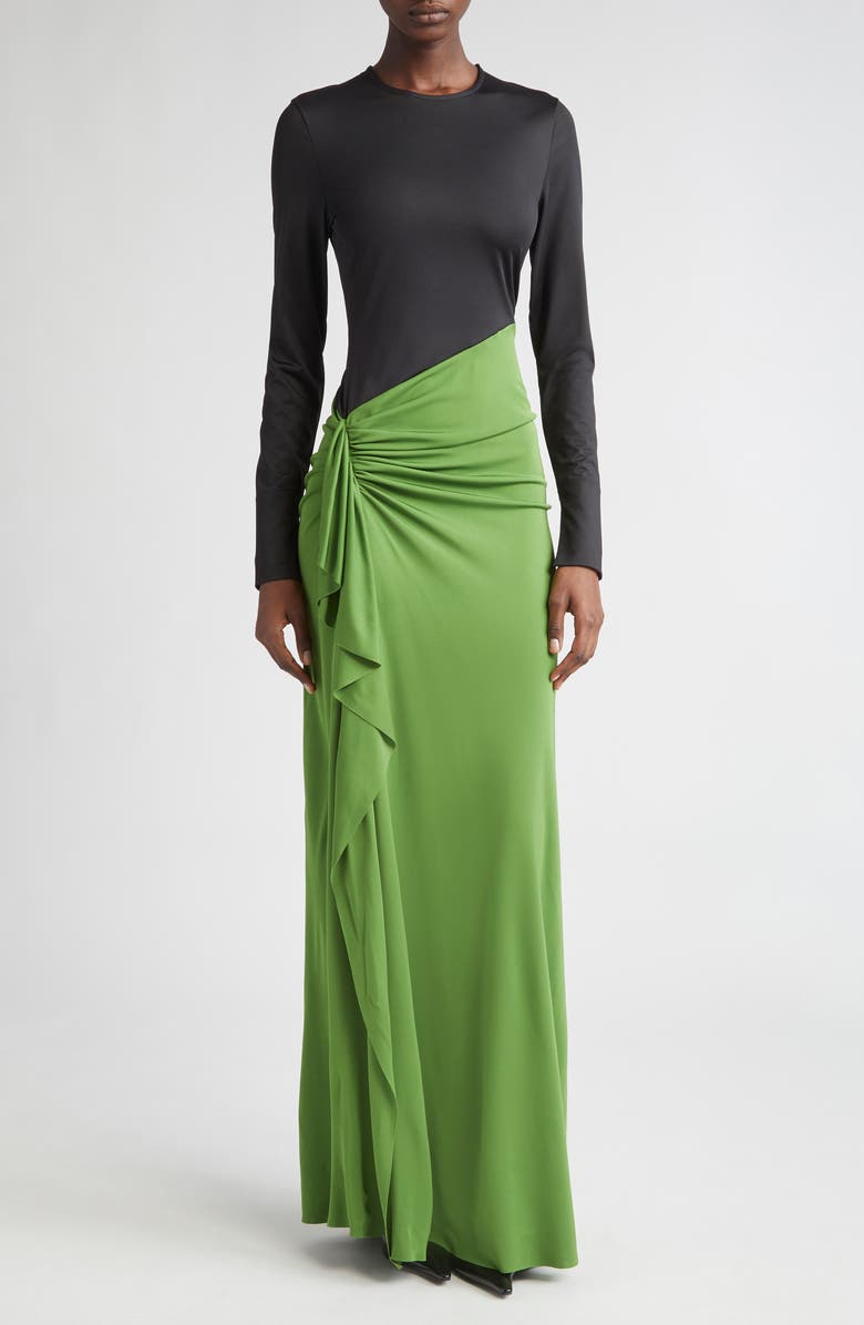 Victoria Beckham Colorblock Ruched Long Sleeve Jersey Gown, Main, color, 